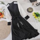 V-neck Color Panel Lace-up Strap Dress