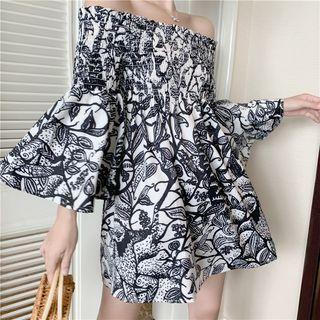 Bell-sleeve Off-shoulder Floral Mini Smock Dress