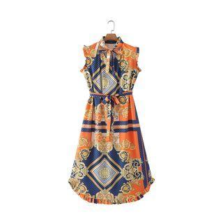 Sleeveless Tie-neck Print Midi A-line Dress