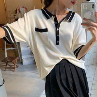 Short-sleeve Polo Knit Top White - One Size