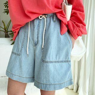 Drawcord Denim Shorts Light Blue - One Size