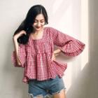 Plaid Frilled 3/4-sleeve Top