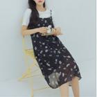 Short-sleeve T-shirt / Spaghetti Strap Floral Print Midi A-line Dress / Set