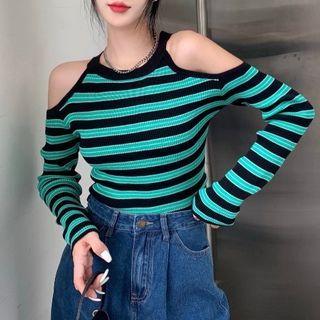 Cold-shoulder Striped Knit Top Stripes - Black & Blue - One Size