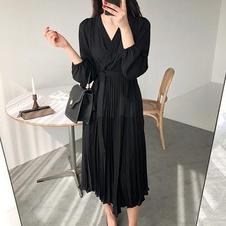 Wrap-front Pleated-hem Dress