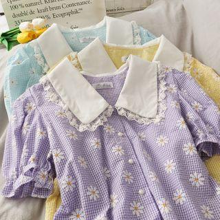 Daisy-print Lace-trim Checker Shirt