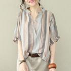 Striped Split-neck Elbow-sleeve Blouse As Shown In Figure - One Size