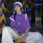 Elbow-sleeve Plain T-shirt Purple - One Size