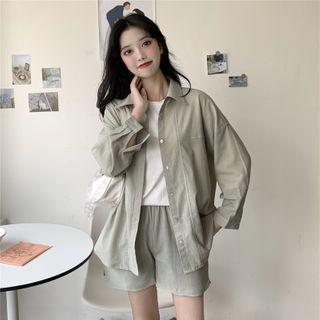 Plain Long-sleeve Shirt / Wide Leg Shorts