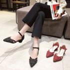 Ankle-strap Tweed Pointed Block-heel Sandals