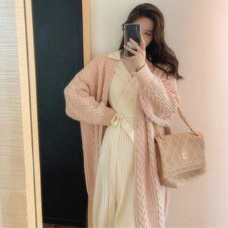 Open-front Cable Knit Midi Cardigan / Midi A-line Dress / Set