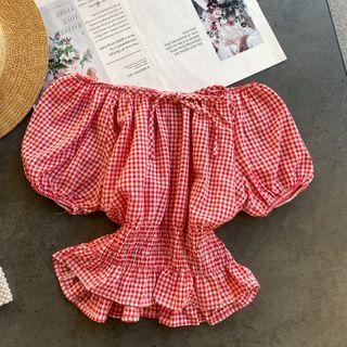 Puff-sleeve Off-shoulder Gingham Blouse