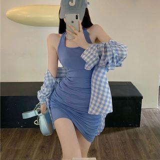 Halter Ruched Mini Sheath Dress / Gingham Shirt
