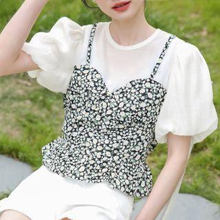 Short-sleeve Floral Mock Two Piece Top
