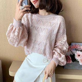 Lantern-sleeve Pointelle Knit Top