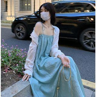 Spaghetti Strap Plain A-line Dress / Light Jacket