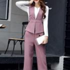 Set: Plain Long-sleeve T-shirt + Vest + Cropped Pants