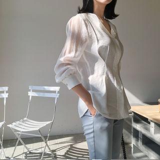 Open-placket Smocked-waist Blouse