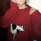 Milk Cow Print Sweater Red - One Size