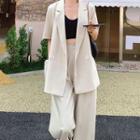 Set: Short-sleeve Double-breasted Blazer + Wide-leg Pants