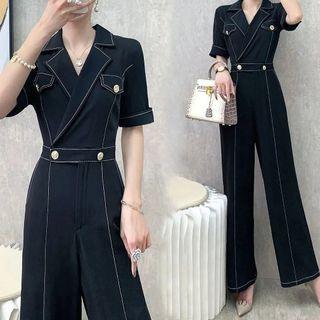 Short-sleeve Open-collar Wide Leg Jumpsuit