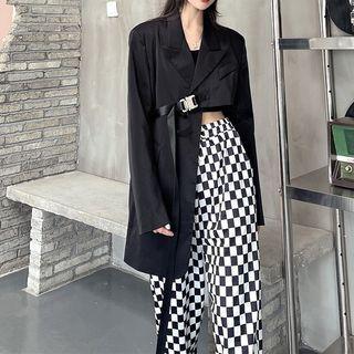 Buckled Blazer / Plaid Pants / Spaghetti Strap Dress