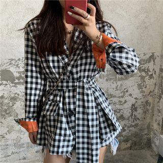 Color Block Drawstring Waist Plaid Blazer
