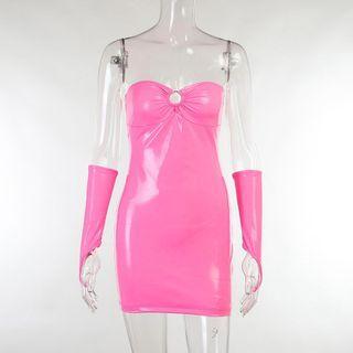 Set: Strapless Faux Leather O-ring Mini Bodycon Dress + Arm Sleeves