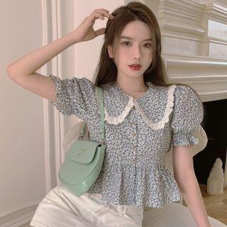 Short-sleeve Floral Print Blouse Purple Floral - White - One Size