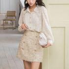 Set: Long-sleeve Lace Blouse + Dotted Mini Pencil Skirt