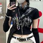 Short-sleeve Embroidered Henley Knit Crop T-shirt Black - One Size