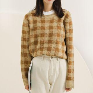 Round-neck Check Pattern Knit Top