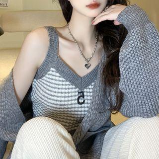 Striped Knit Crop Tank Top / Plain Cardigan
