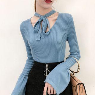Bell-sleeve Bow Accent Knit Top