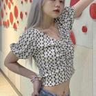 Short-sleeve Floral Print Crop Top Gray Floral - White - One Size