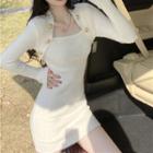 Long-sleeve Square-neck Ribbed Knit Mini Sheath Dress