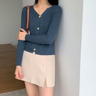 V-neck Ribbed Cardigan Dark Blue - One Size