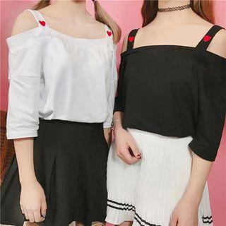 Elbow-sleeve Heart Embroidery Cutout Top
