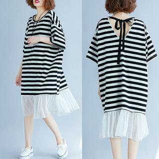 Mesh Panel Striped Elbow Sleeve Midi Dress