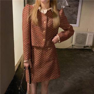 Set: Ruffle Trim Cropped Jacket + Mini A-line Skirt Set Of 2 - Jacket - Coffee - One Size / Skirt - Coffee - One Size