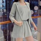 Set: Lace Trim Camisole Top + Lace-up Back Blazer + Drawstring Shorts