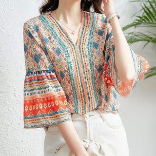Elbow-sleeve V-neck Print Chiffon Blouse