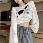 Long-sleeve Cutout Pointelle Knit Top White - One Size