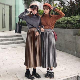 Furry Cuff Mock Neck Long-sleeve T-shirt / Pleated Midi Skirt