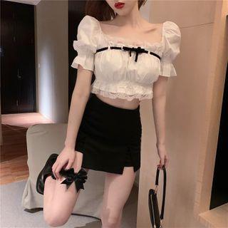 Short-sleeve Lace Trim Crop Top / Mini Skirt