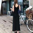 Plain Sleeveless Midi A-line Dress Black - One Size