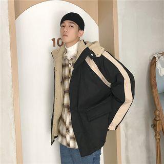 Fleece-lined Color Panel Hooded Padded Jacket