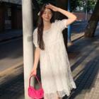 Puff-sleeve Lace Midi A-line Dress White - One Size