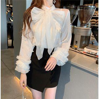 Lantern-sleeve Faux-pearl Tie-neck Blouse White - One Size