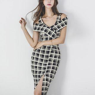 Plaid V-neck Split Hem Sheath Dress